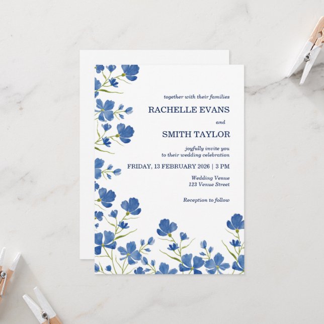 Dusky Blue Flower Wedding Invite (Front/Back In Situ)