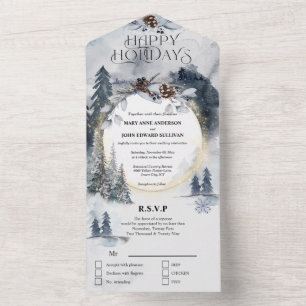 Dusky blue forest watercolor trees Xmas wedding All In One Invitation