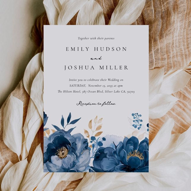 Dusky Blue Gold Floral All in One Wedding Invitation (Creator Uploaded)