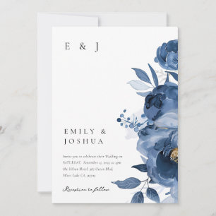 Dusky Blue Gold Floral Wedding Invitation