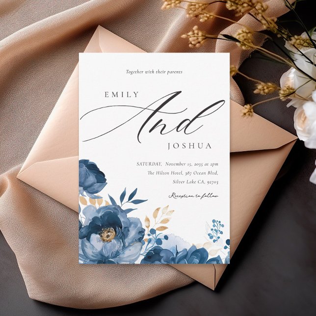 Dusky Blue Gold Floral Wedding Invitation (Creator Uploaded)