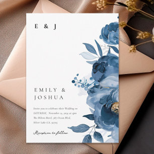 Dusky Blue Gold Floral Wedding Invitation