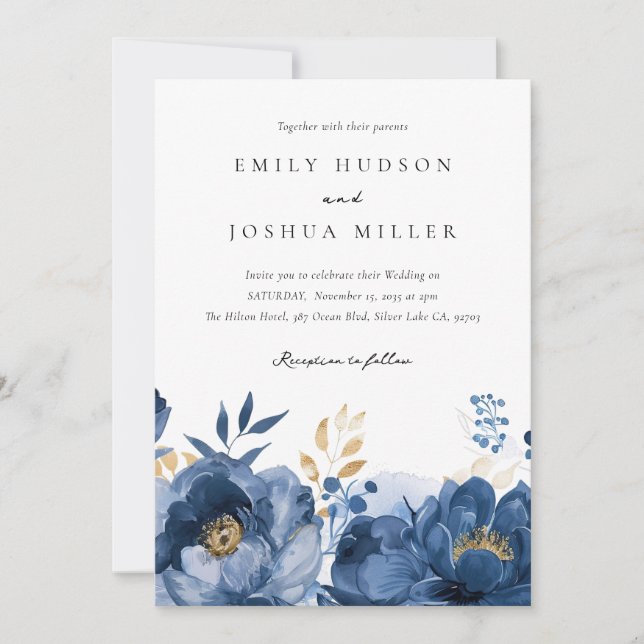 Dusky Blue Gold Floral Wedding Invitation (Front)