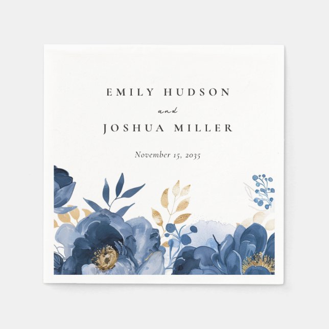 Dusky Blue Gold Floral Wedding Napkin (Front)