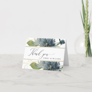 DUSKY BLUE GOLD GREEN FLORAL WATERCOLOR WEDDING THANK YOU CARD