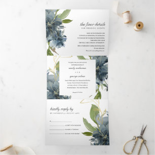 DUSKY BLUE GREEN GOLD FLORAL WATERCOLOR WEDDING Tri-Fold INVITATION