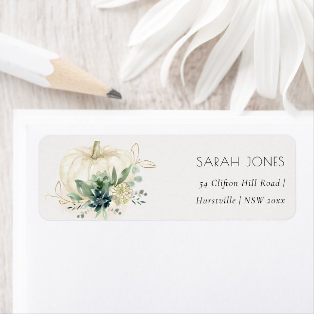 Dusky Blue Green Gold Succulent Pumpkin Address (Insitu)