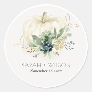 Dusky Blue Green Gold Succulent Pumpkin Wedding  Classic Round Sticker