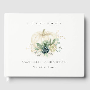 Dusky Blue Green Gold Succulent Pumpkin Wedding Guest Book