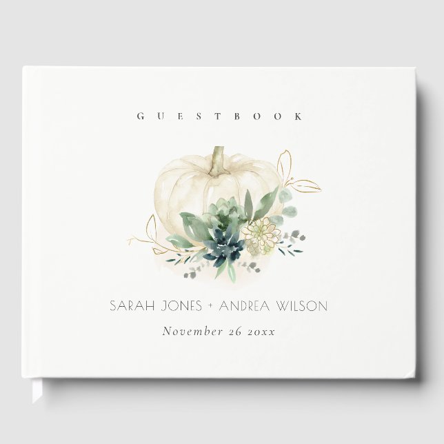 Dusky Blue Green Gold Succulent Pumpkin Wedding  Guest Book (Front)