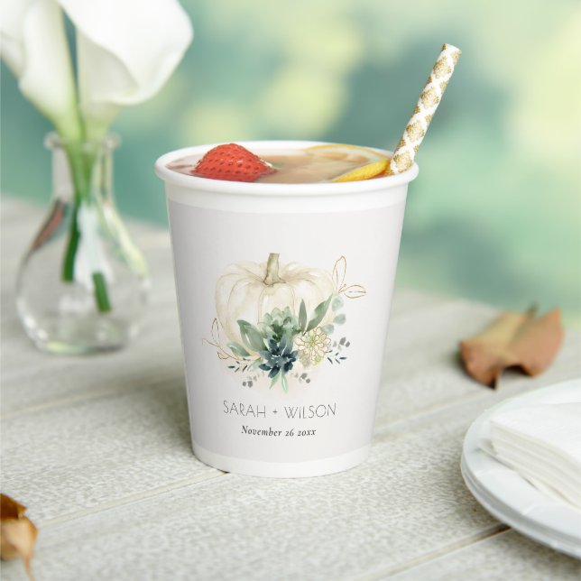 Dusky Blue Green Gold Succulent Pumpkin Wedding  Paper Cups (Insitu)