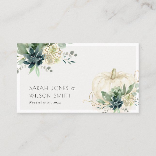 Dusky Blue Green Gold Succulent Pumpkin Wedding  Place Card (Front)