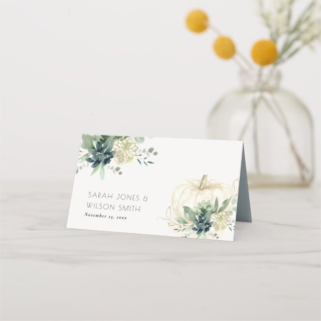 Dusky Blue Green Gold Succulent Pumpkin Wedding  Place Card (Front)