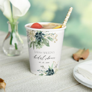 Dusky Blue Green Succulent Foliage Bridal Shower Paper Cups