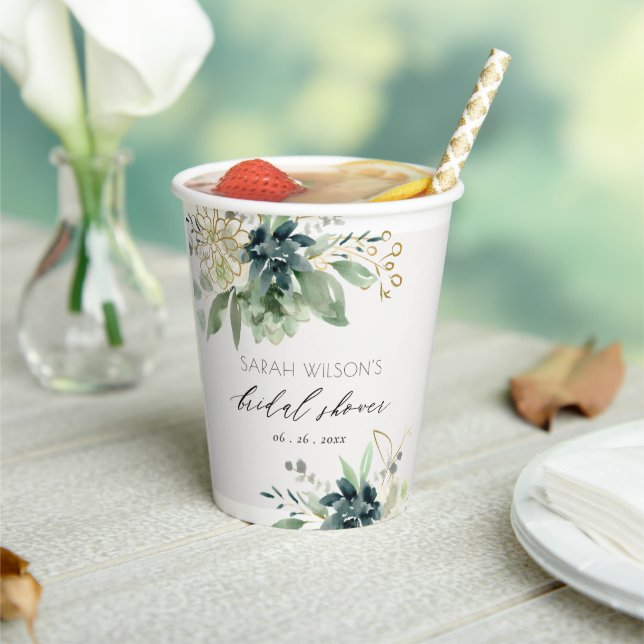 Dusky Blue Green Succulent Foliage Bridal Shower Paper Cups (Insitu)