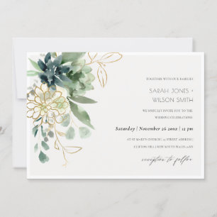 Dusky Blue Green Succulent Foliage Wedding Invite