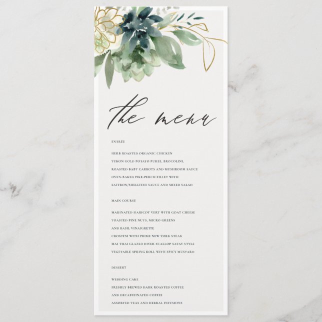 Dusky Blue Green Succulent Foliage Wedding  Menu (Front)