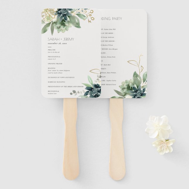 Dusky Blue Green Succulent Foliage Wedding Program Hand Fan (Front and Back)