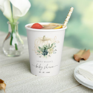 Dusky Blue Green Succulent Pumpkin Baby Shower Paper Cups