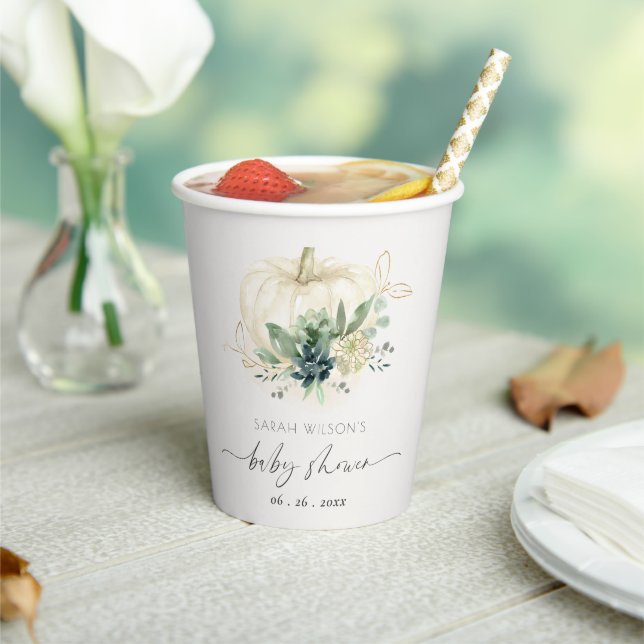Dusky Blue Green Succulent Pumpkin Baby Shower Paper Cups (Insitu)