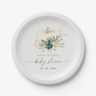 Dusky Blue  Green Succulent Pumpkin Baby Shower Paper Plate