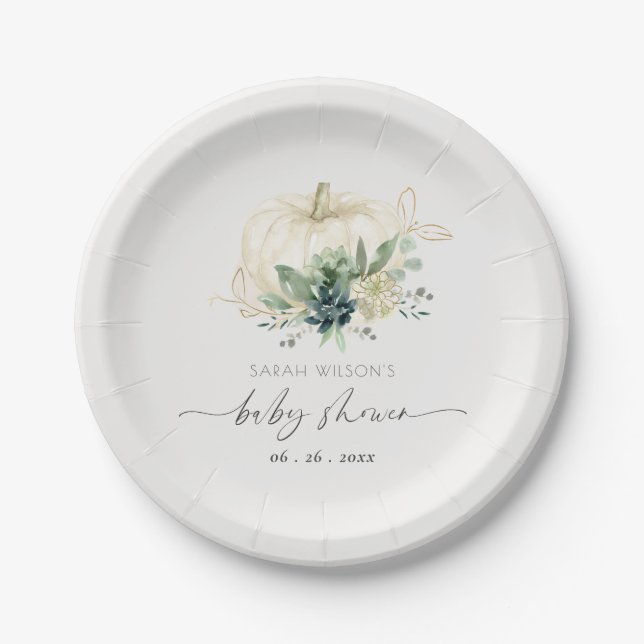 Dusky Blue  Green Succulent Pumpkin Baby Shower Paper Plate (Front)
