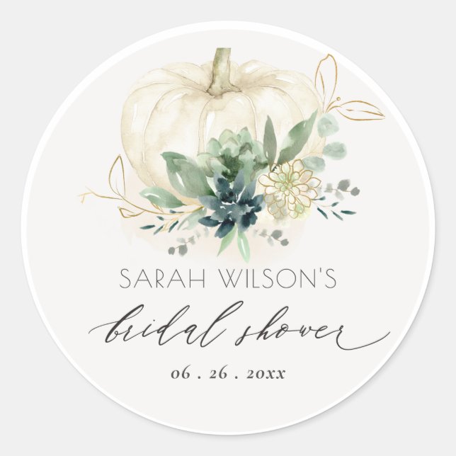 Dusky Blue  Green Succulent Pumpkin Bridal Shower Classic Round Sticker (Front)