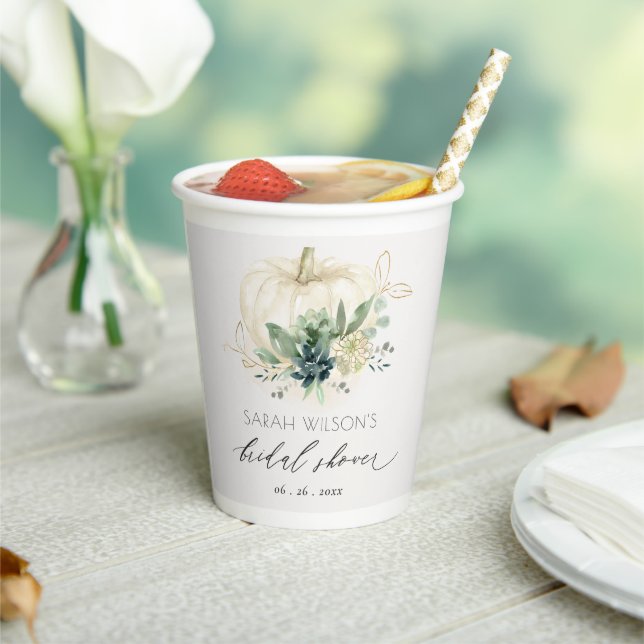 Dusky Blue Green Succulent Pumpkin Bridal Shower Paper Cups (Insitu)