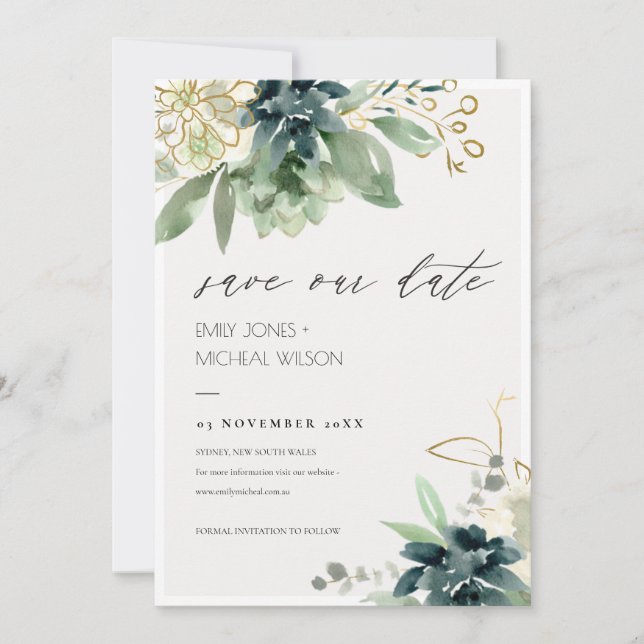 Dusky Blue Green Succulent Save the Date Invite (Front)