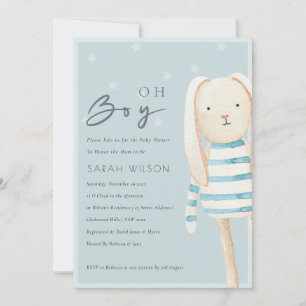 Dusky Blue Grey Bunny Oh Boy Baby Shower Invite