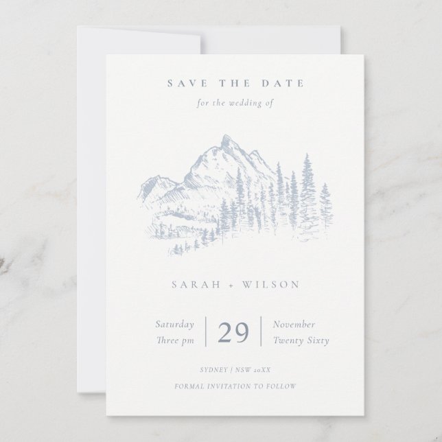 Dusky Blue Grey Kraft Rustic Pine Mountain Sketch Save The Date (Front)