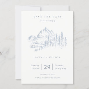 Dusky Blue Grey Kraft Rustic Pine Mountain Sketch Save The Date
