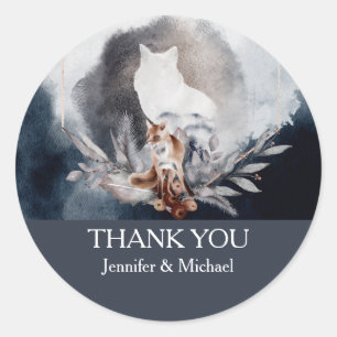 Dusky blue grey slate watercolor wolf thank you classic round sticker