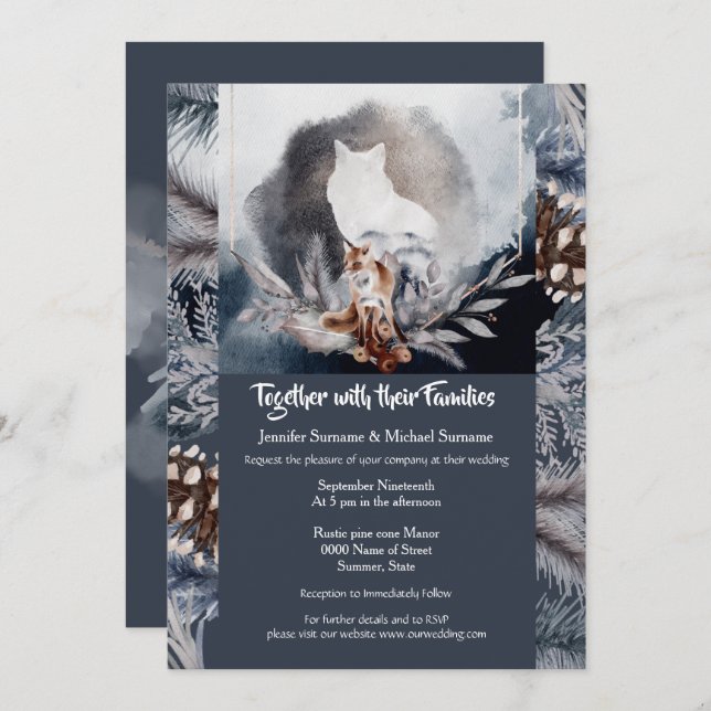 Dusky blue grey slate watercolor wolf trees invitation (Front/Back)