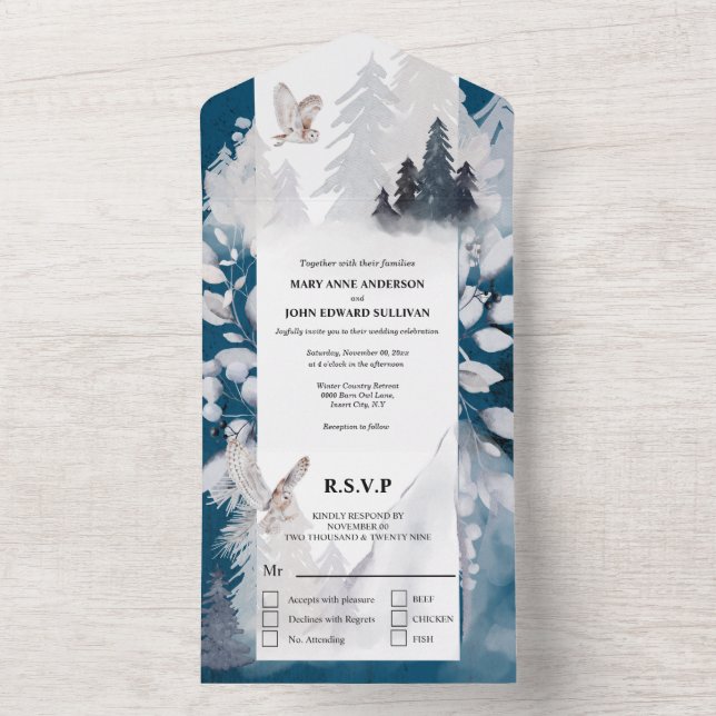 Dusky blue grey winter owl foliage snow mountain all in one invitation (Inside)