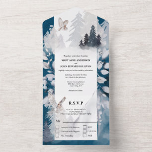 Dusky blue grey winter owl foliage snow mountain all in one invitation