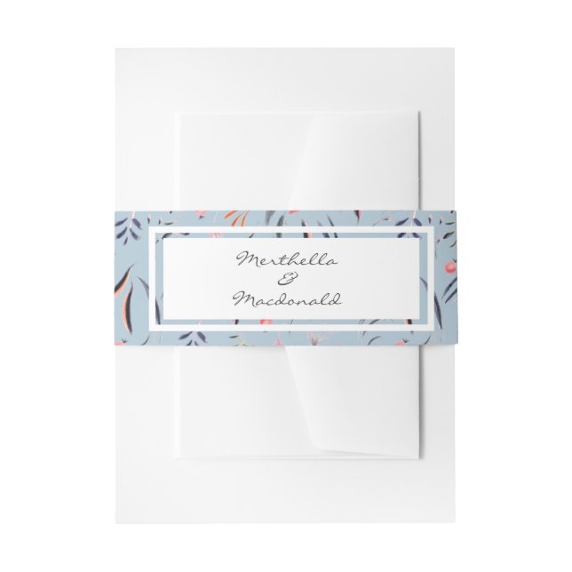 Dusky Blue Personalised Floral WEDDING Invitation Belly Band (Front Example)
