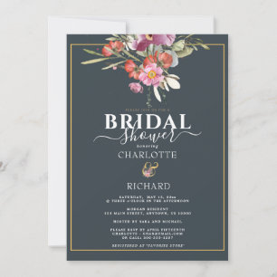 Dusky Blue, Pink Floral Gold Bridal Shower Invitation