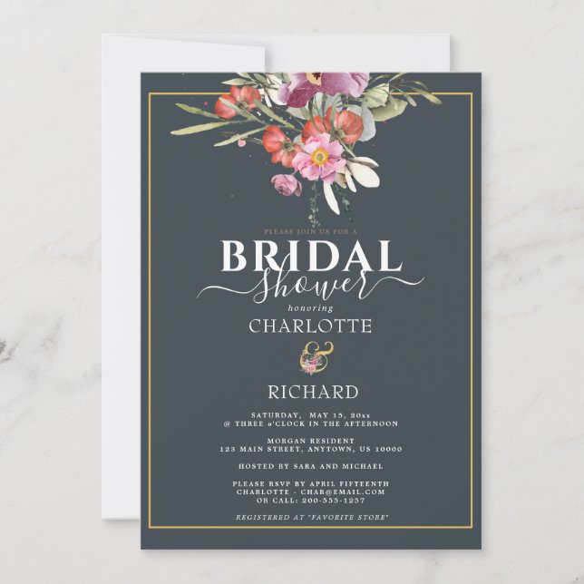 Dusky Blue, Pink Floral Gold Bridal Shower   Invitation (Front)