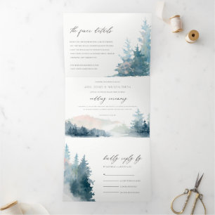 DUSKY BLUE PINK MOUNTAINS PINE WATERCOLOR WEDDING  Tri-Fold INVITATION