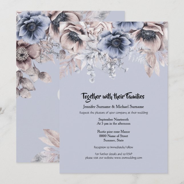 Dusky blue pink woodland anemone flower invitation (Front/Back)