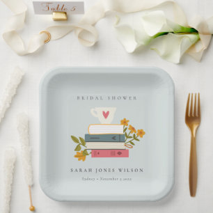Dusky Blue Stacked Storybooks Floral Bridal Shower Paper Plate
