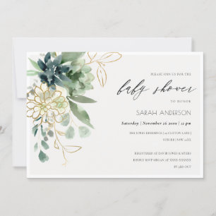 Dusky Blue Succulent Foliage Baby Shower Invite
