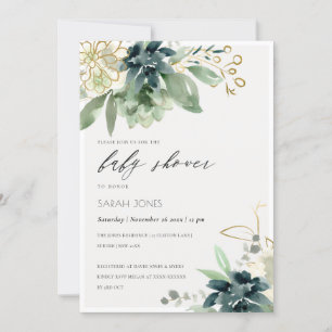 Dusky Blue Succulent Foliage Baby Shower Invite