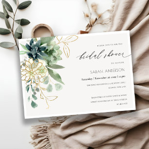 Dusky Blue Succulent Foliage Bridal Shower Invite
