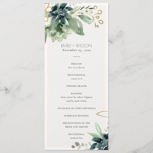 Dusky Blue Succulent Wedding Ceremony Program Menu (Front)