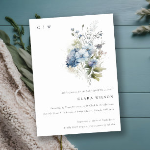 Dusky Blue Watercolor Cottage Flora Baby Shower Invitation