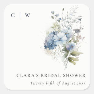 Dusky Blue Watercolor Cottage Floral Bridal Shower Square Sticker
