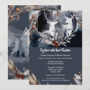 Dusky blue watercolor stag forest country wedding invitation