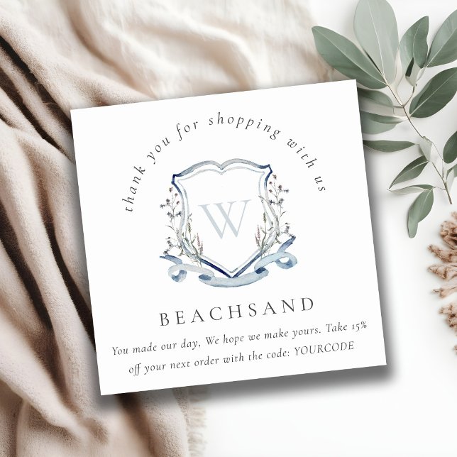 Dusky Blue Wildflower Crest Thank You For Business Square Business Card (Creator Uploaded)